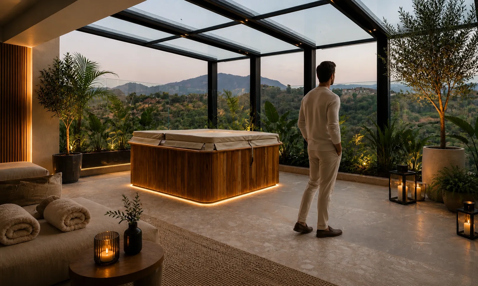 Terraza de una residencia Realeza con vista al atardecer