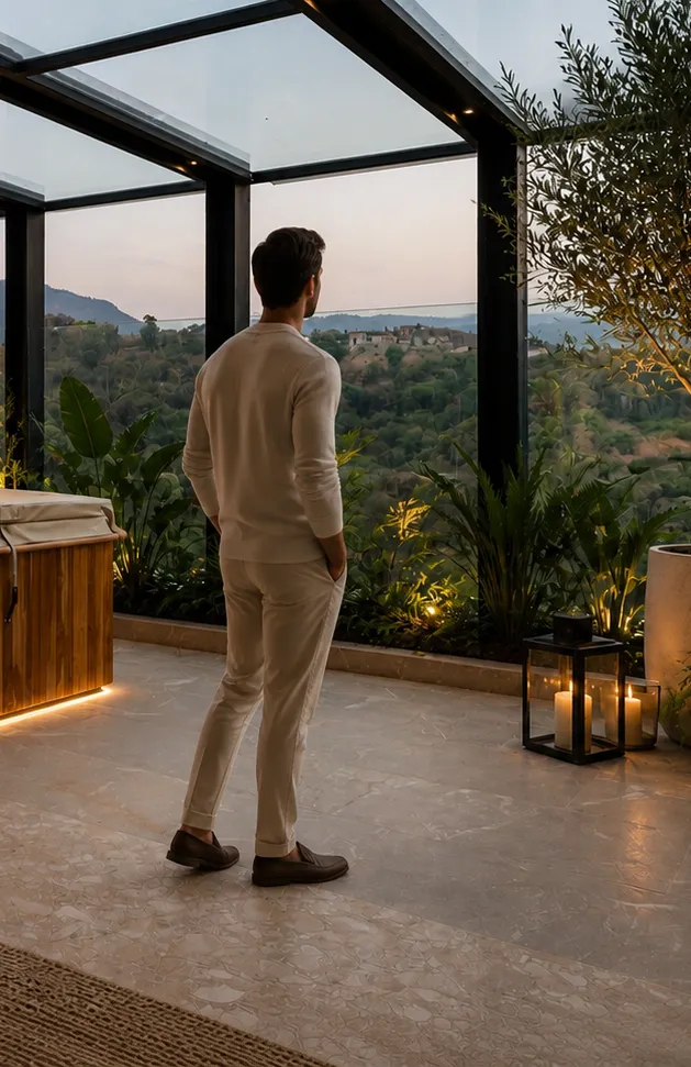Terraza de una residencia Realeza con vista al atardecer
